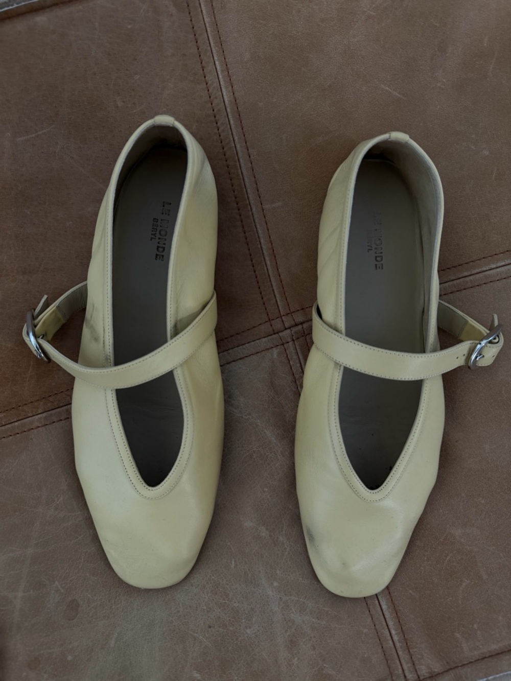 Le Monde Cream Leather Mary Jane Flats with Buckle Strap